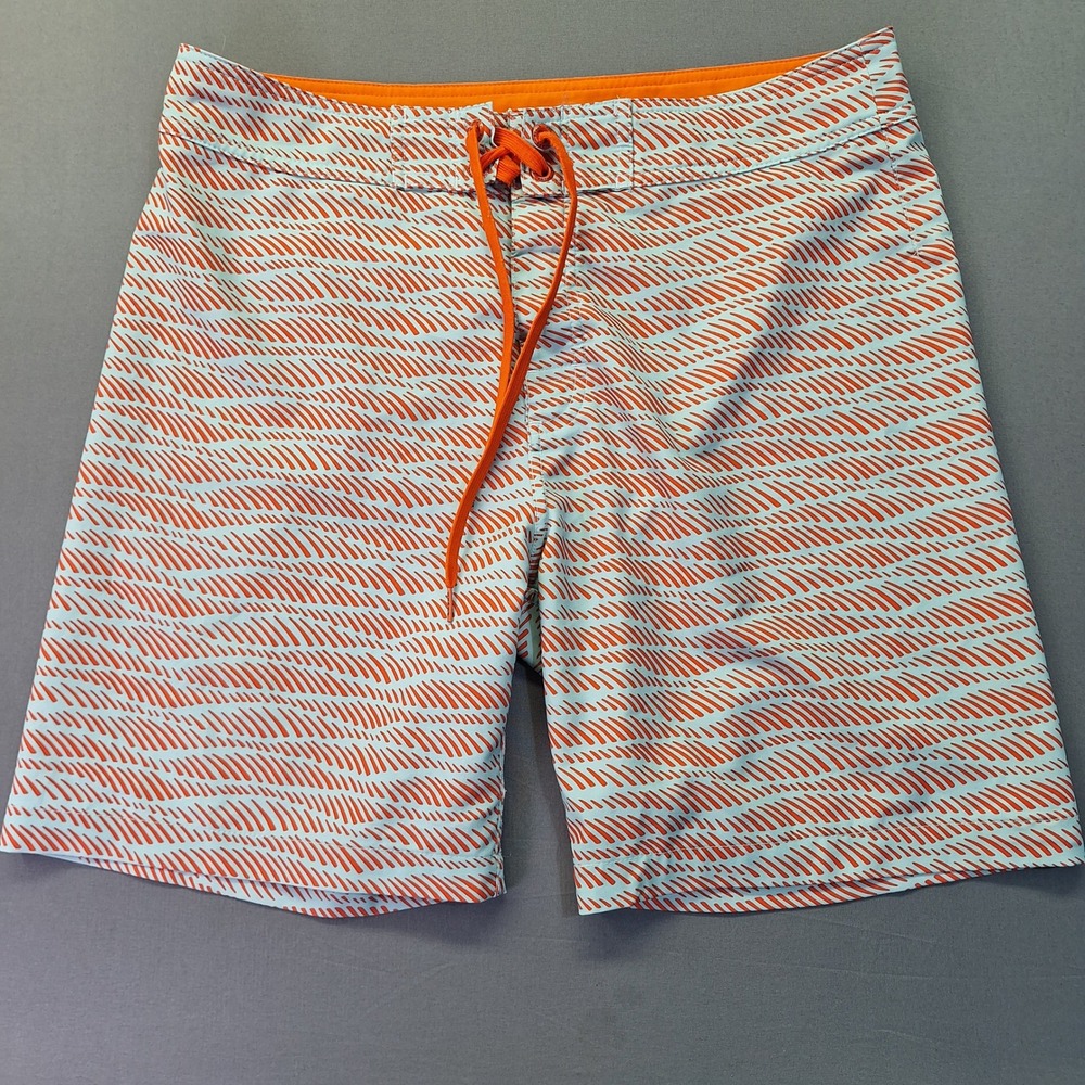 Prana Mens Board Shorts Size 32 Orange Blue Geometric Wave Print Swim Trunks‎
